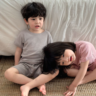夏季新款儿童纯色呼吸睡衣男女童宝宝纯棉A类家居服套装