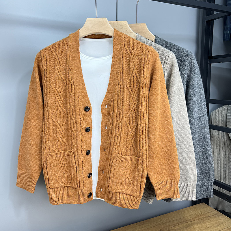 秋季男士开衫针织衫毛衣V领外套男麻花线衣外穿休闲纯色上衣潮流