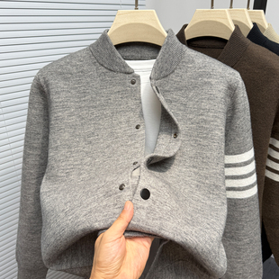 开衫男针织衫毛衣外套立领秋季男装四条杠棒球服时尚休闲纯色夹克