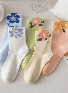 袜子女韩版长筒袜ins潮百搭秋冬彩色花卉中筒袜日系可爱风新款