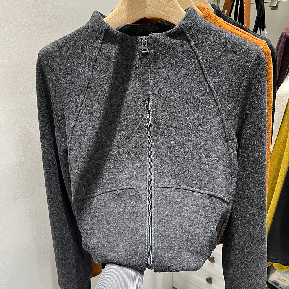 双拉链半高领口袋德绒长袖T恤女