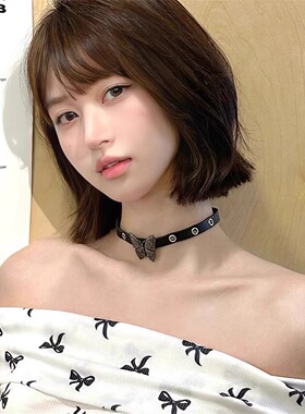 霏儿 Y2K辣妹蝴蝶项链女暗黑风小众设计感朋克choker颈链皮革项圈