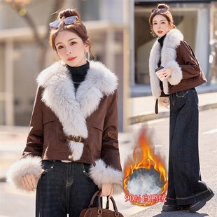 都市风90绒羽绒服女新款2025冬季短款百搭仿麂皮绒狐狸毛羽绒外套