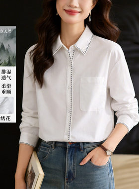 天丝苎麻白衬衫女2026春装中长款宽松休闲上衣女式柔软透气衬衣
