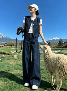 时尚穿搭牛仔套装女夏季气质修身显瘦高级感T恤马甲阔腿裤三件套