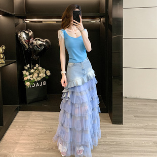 夏日独特漂亮套装裙子女设计感小众短袖纱网牛仔拼接半身裙两件套