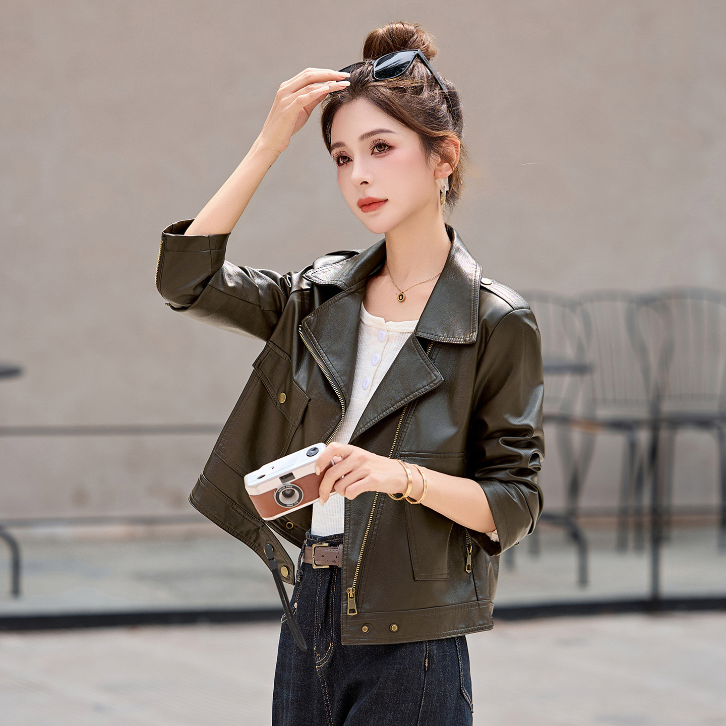 气质春秋百搭休闲皮衣短款韩版西装领显瘦气质小个子洋气减龄外套