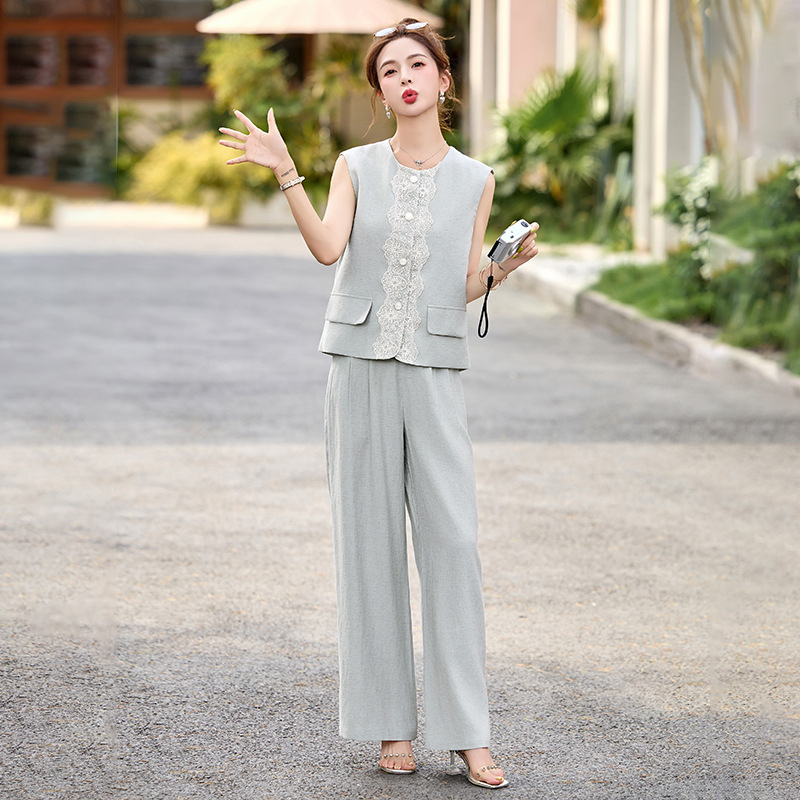 时尚套装女2025夏新款垂感阔腿裤高级感马甲T恤气质三件套AH66650