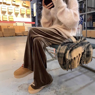 美拉德棕色金丝绒阔腿裤女春秋季新款休闲裤丝绒裤子垂感拖地裤