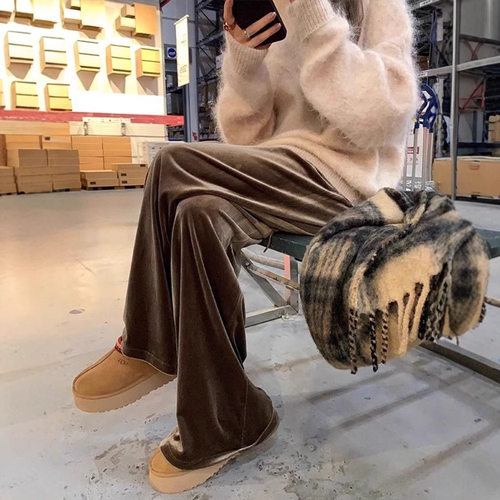 美拉德棕色金丝绒阔腿裤女春秋季新款休闲裤丝绒裤子垂感拖地裤