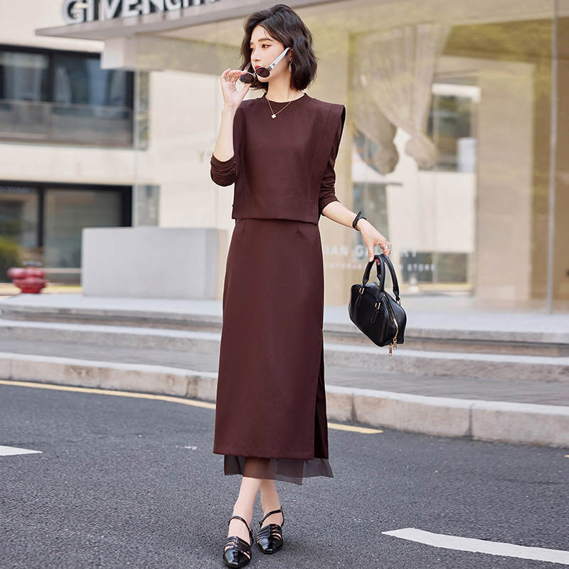 2025年秋季新款气质时尚优雅洋气减龄收腰显瘦纯色两件套裙