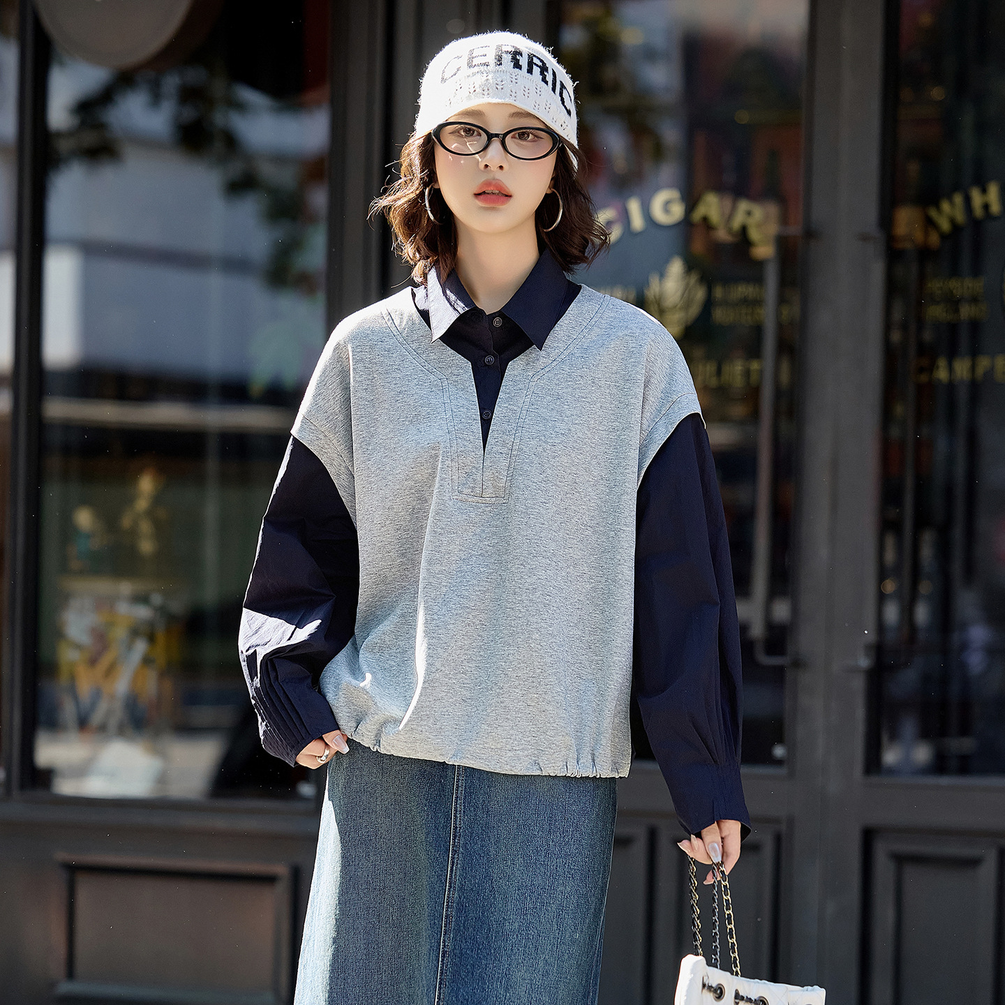 大码胖mm宽松2025秋新款蓝色条纹衬衫袖拼接休闲假两件上衣LB2885