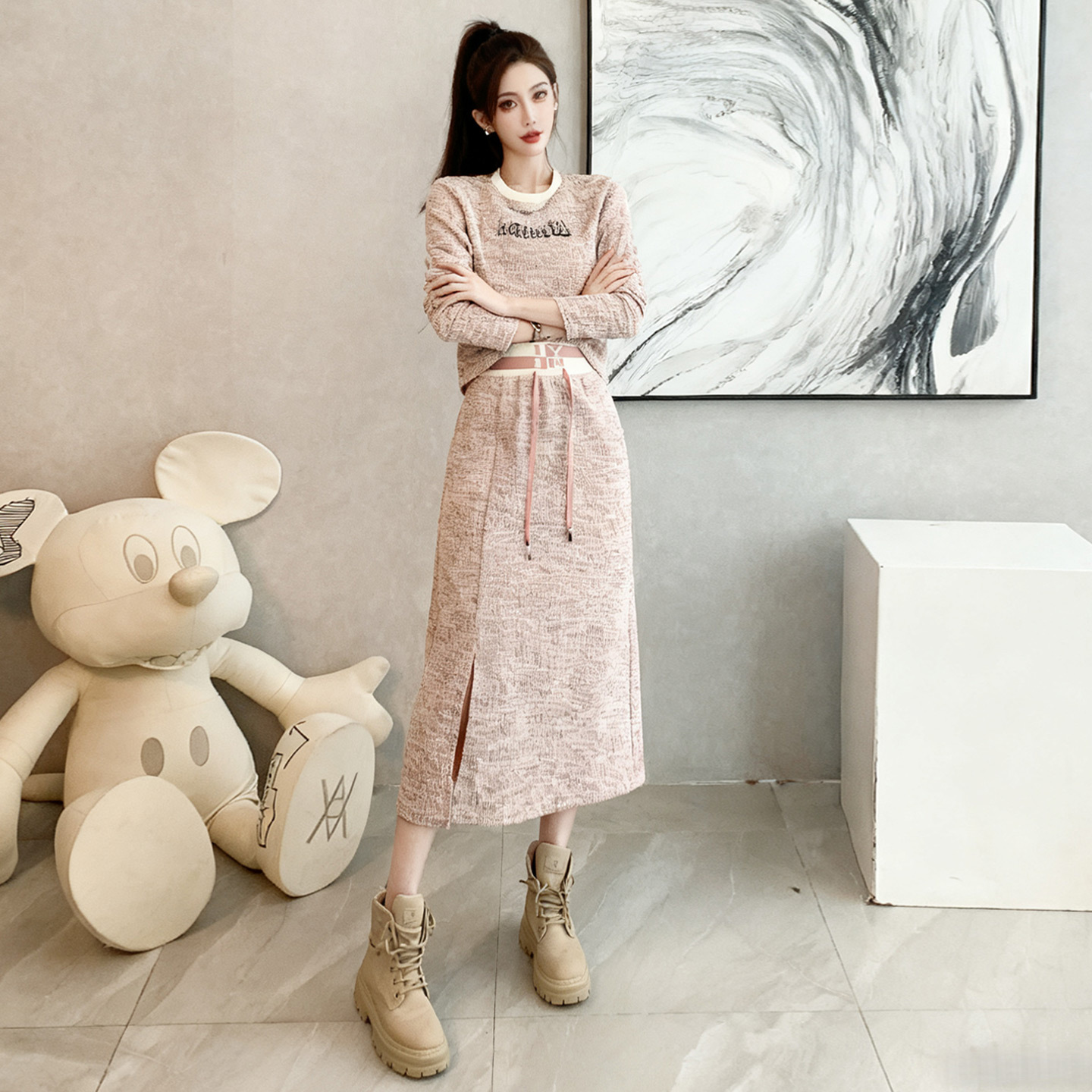 气质欧货休闲运动套裙女2025冬洋气粉色长袖上衣半身裙两件套