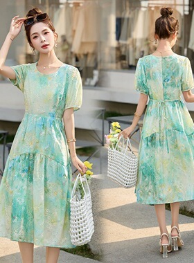 彩绘泡泡袖连衣裙2025夏季新款圆领短袖收腰显瘦减龄连衣裙LB2822
