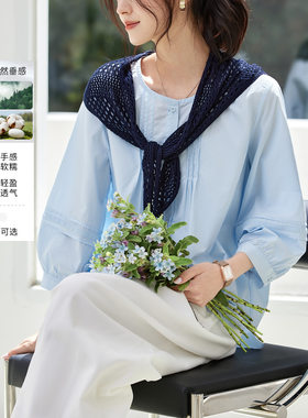 蓝色衬衫女七分袖2026夏季新款圆领灯笼袖上衣带针织披肩女式衬衣