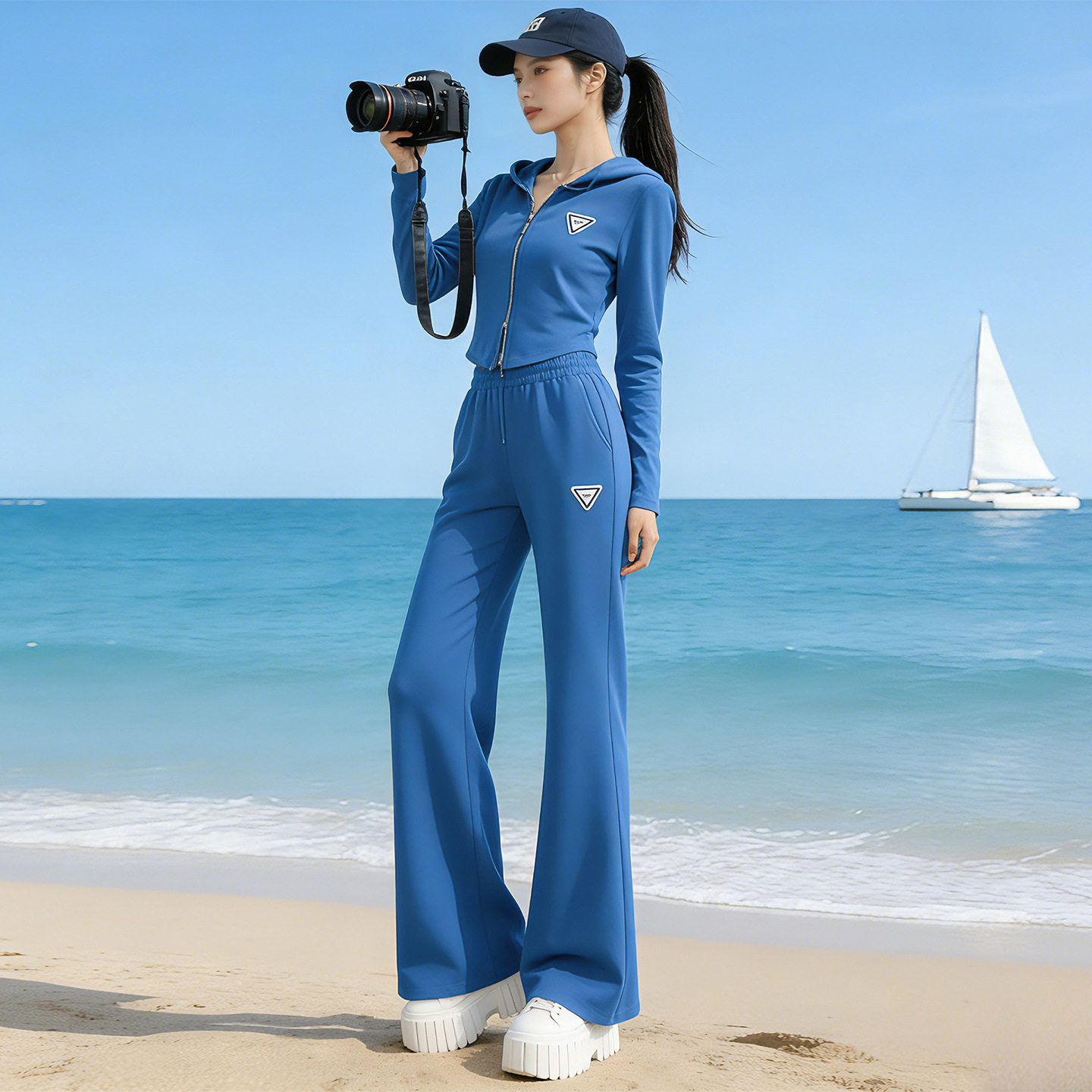 2026小个子蓝色休闲运动套装女春季拉链卫衣阔腿裤两件套减龄显瘦