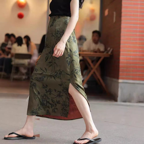 新中式国风半身裙女夏季薄新款高腰中长款气质开叉裙子垂坠感长裙