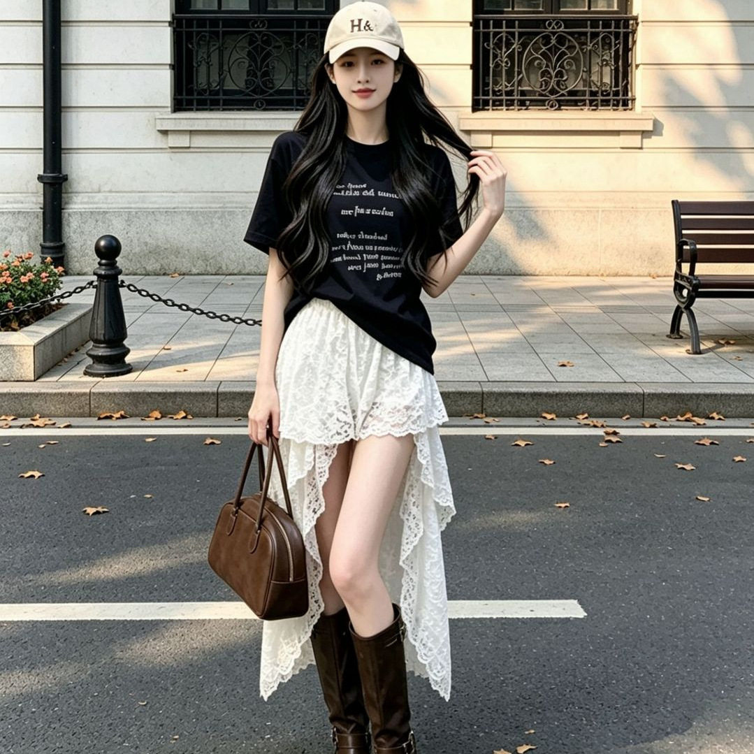 夏日ootd穿搭套装女巨好看绝美休闲运动短袖蕾丝不规则裙子两件套
