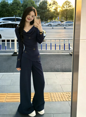 韩系慵懒风气质修身黑色套装女2026春季新款荡领长袖上衣直筒裤潮
