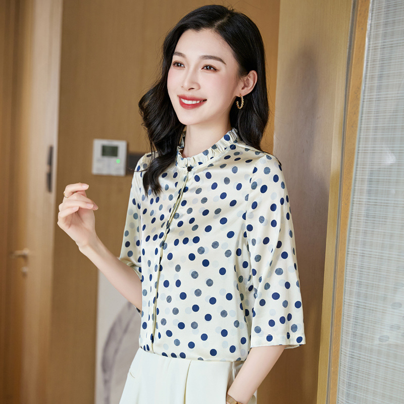 重磅真丝衬衫女中袖桑蚕丝新款气质波点洋气大码上衣A3600
