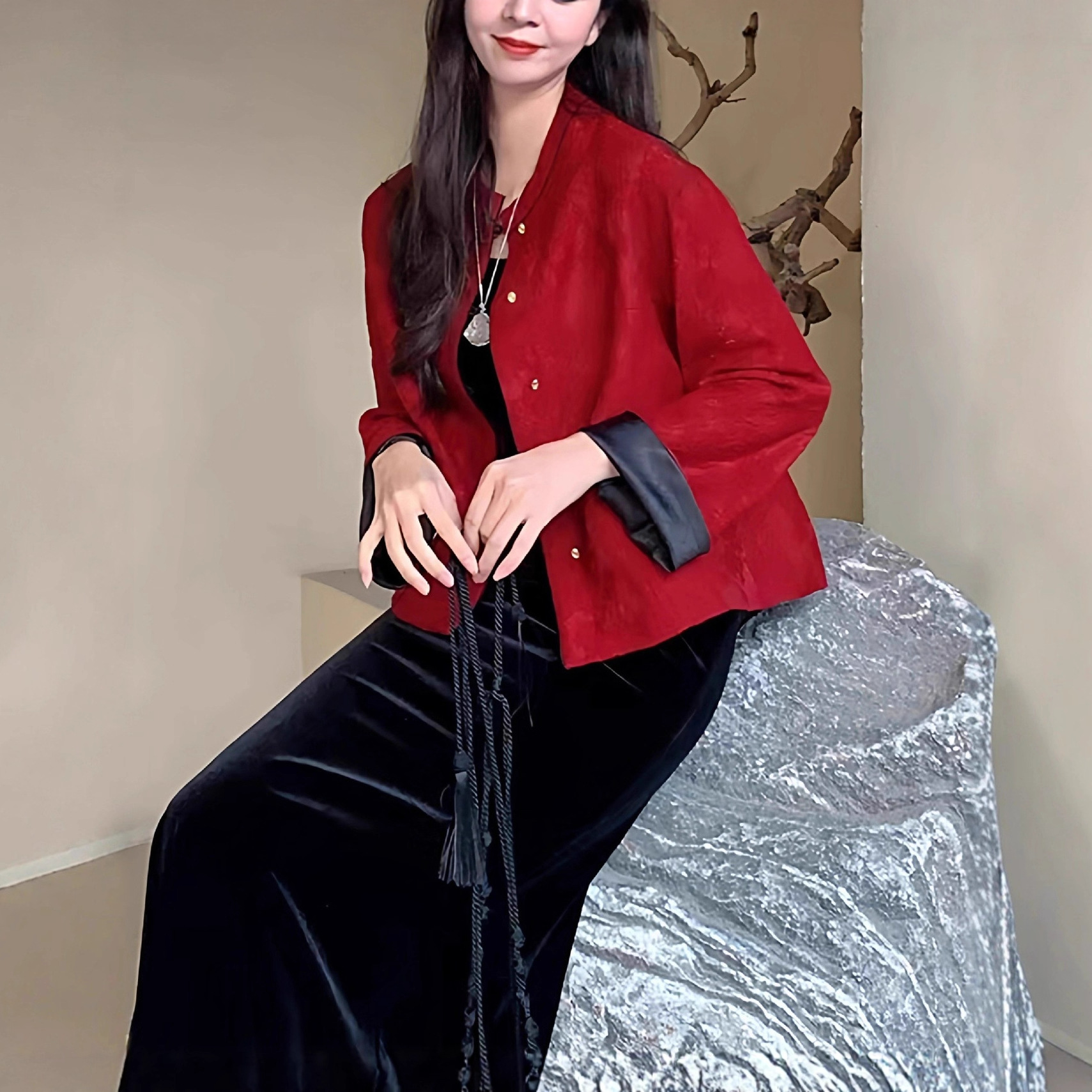 欧洲站韩系一整套ootd穿搭2025秋季新中式国风红色外套配吊带裙子