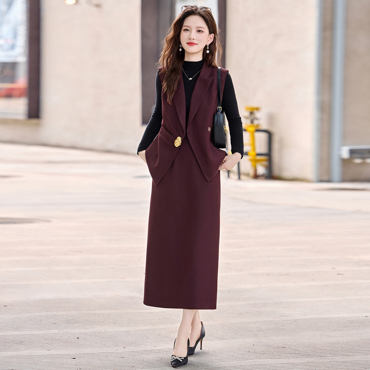 时尚休闲套装2025秋季下面西装领无袖马甲打底衫半裙三件套XM917