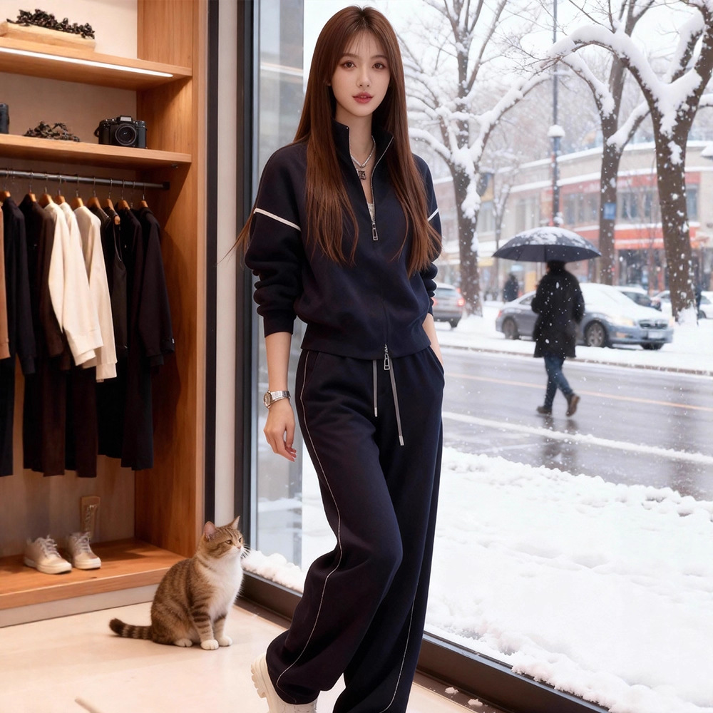 欧货休闲运动套装女2025新款秋冬季加绒加厚开衫外套阔腿裤两件套