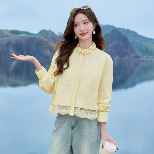 蕾丝拼接长袖衬衫女2026夏季新款漂亮小衫高级感短款上衣 ME5177