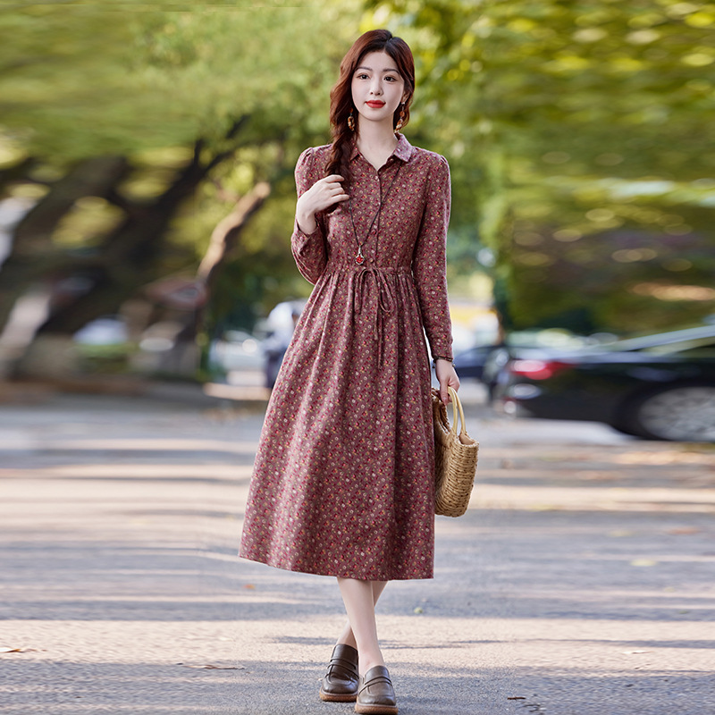 全棉碎花中长款连衣裙女长袖2025新款文艺春秋衬衫裙子高腰显瘦