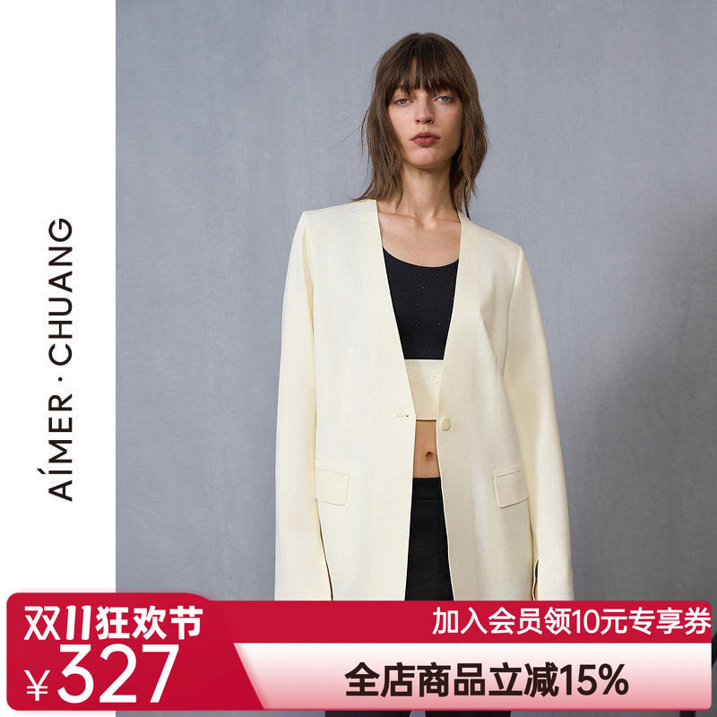 爱慕·CHUANG穿梭7外穿女士秋冬双面布无领收身西服上衣CA811431