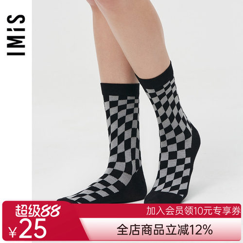 爱美丽IMIS商场女袜棋盘格印花棉感舒适不掉筒中筒袜IM94BIR1