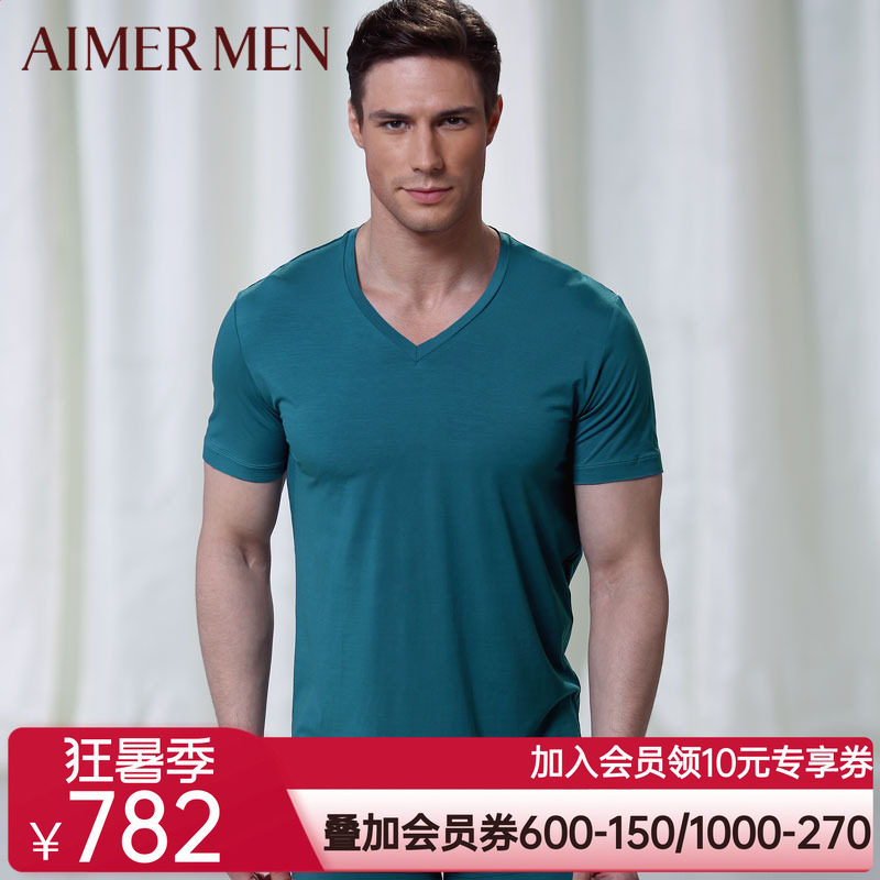 爱慕先生品牌红品莫代尔薄款柔软V领男士短袖T恤上衣12354