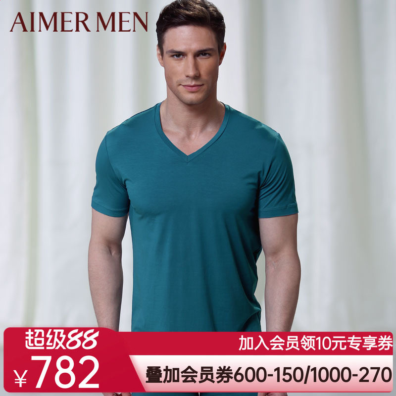 爱慕先生品牌红品莫代尔薄款柔软V领男士短袖T恤上衣12354