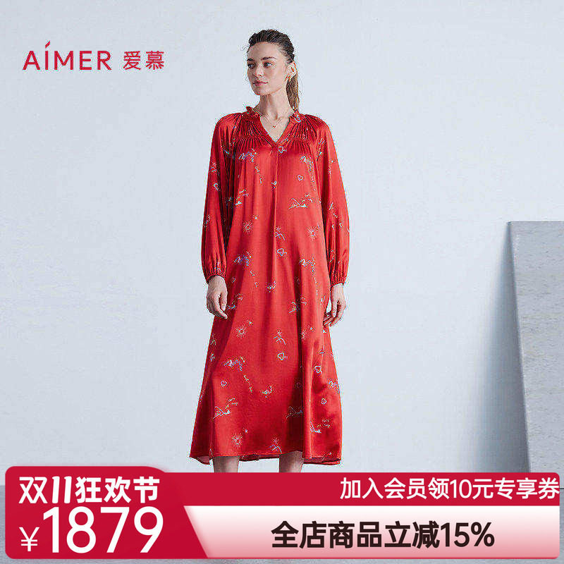 爱慕25秋冬日照金山开运系列女士睡衣含桑蚕丝红色九分袖中长睡裙