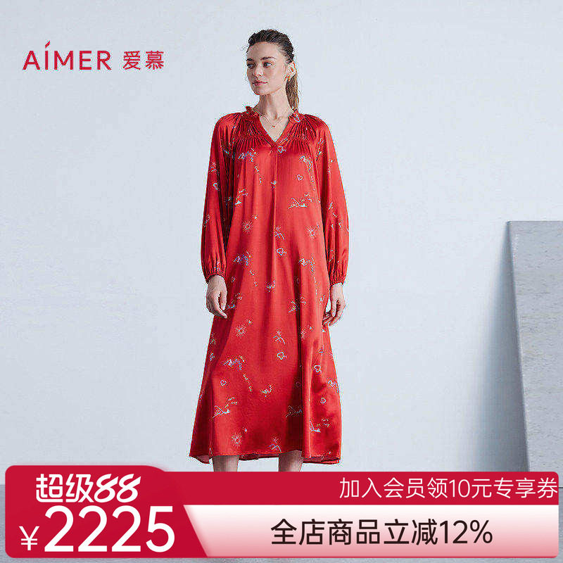 爱慕25秋冬日照金山开运系列女士睡衣含桑蚕丝红色九分袖中长睡裙