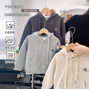 【加绒】2026冬季儿童纯色连帽卫衣中大童加厚拉链衫外套男童上衣