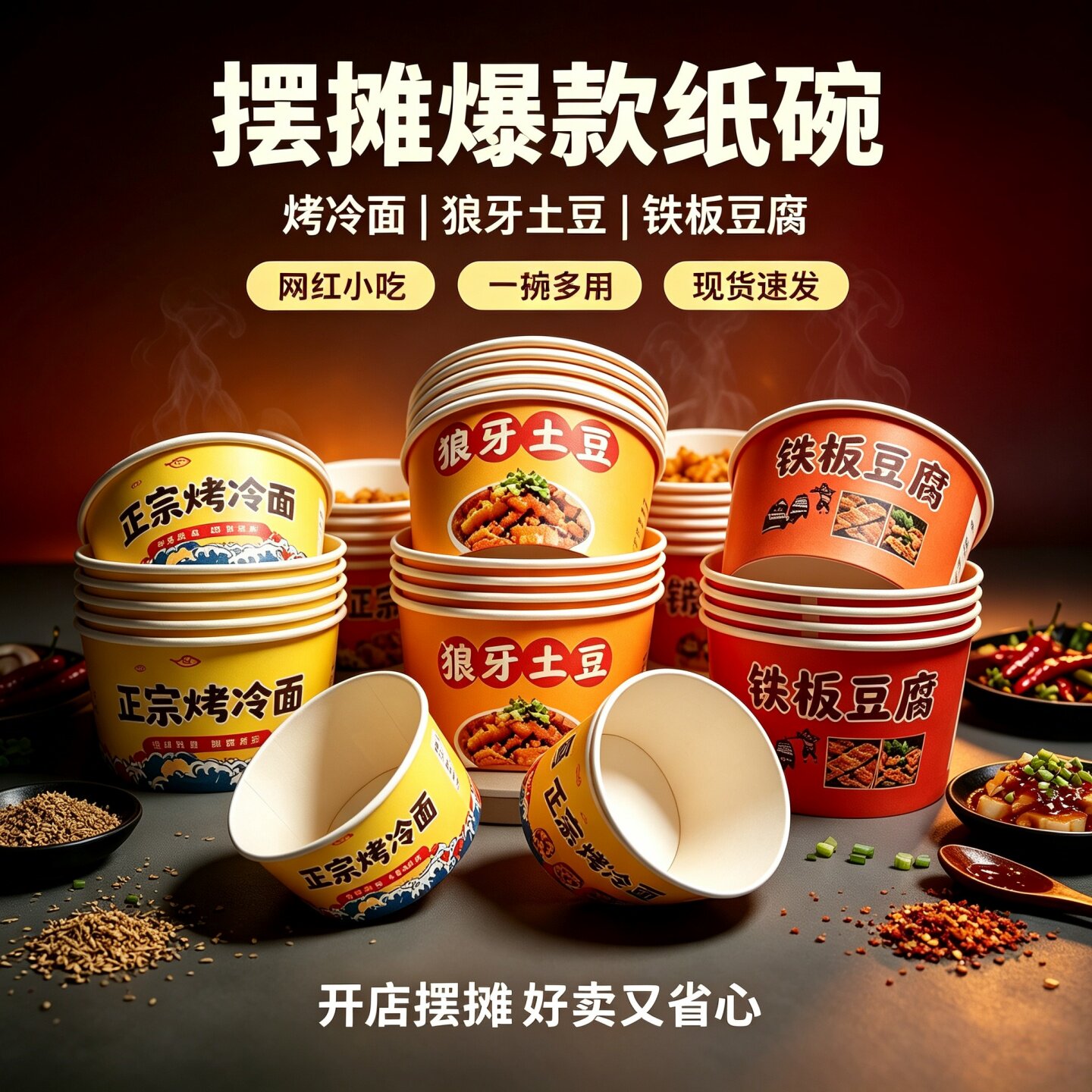 摆地摊一次性纸碗狼牙土豆铁板豆腐炕土豆专用打包盒圆形带盖商用