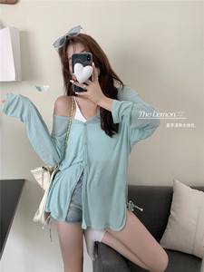 THE LEMON柠檬绿茶夏季防晒衫薄款透气V领长袖t恤女宽松开衫上衣