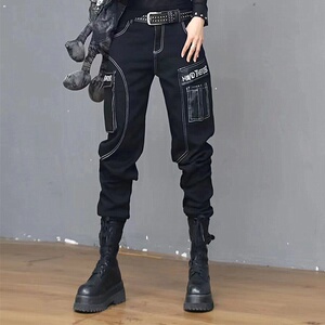 欧洲站女2023年冬季加绒时尚显瘦潮牌个性街头加厚工装裤朋克长裤