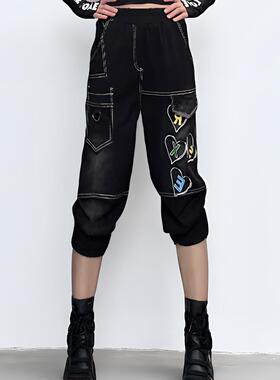 欧货潮牌休闲风2026夏季薄款透气弹力松紧腰七分裤黑色百搭哈伦裤