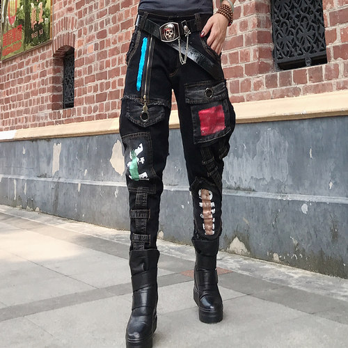 帅气bf风个性长裤朋克风牛仔裤