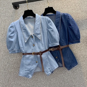 RM8423#大码女装夏季新款短袖显瘦胖妹妹网红气质短款牛仔上衣衬衫