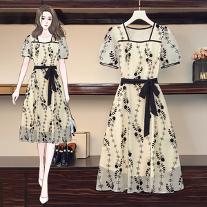RM8420#大码女装夏季新款立体感法式提花胖妹妹短袖气质显瘦连衣裙