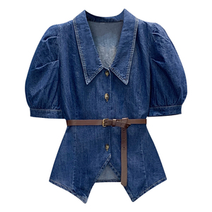 RM8423#大码女装夏季新款短袖显瘦胖妹妹网红气质短款牛仔上衣衬衫