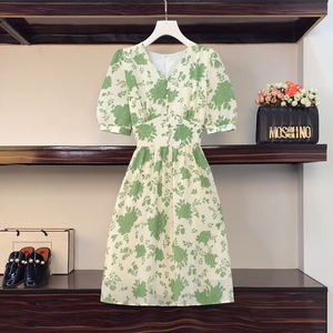 RM8421#大码女装夏季新款重工立体感法式碎花胖妹妹短袖显瘦连衣裙