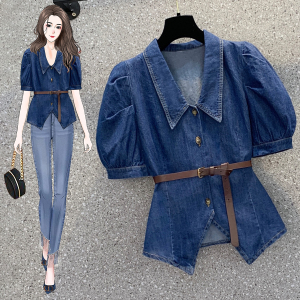 RM8423#大码女装夏季新款短袖显瘦胖妹妹网红气质短款牛仔上衣衬衫