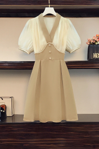 RM8422#大码女装夏季新款短袖收腰显瘦网红拼接V领法式连衣裙女