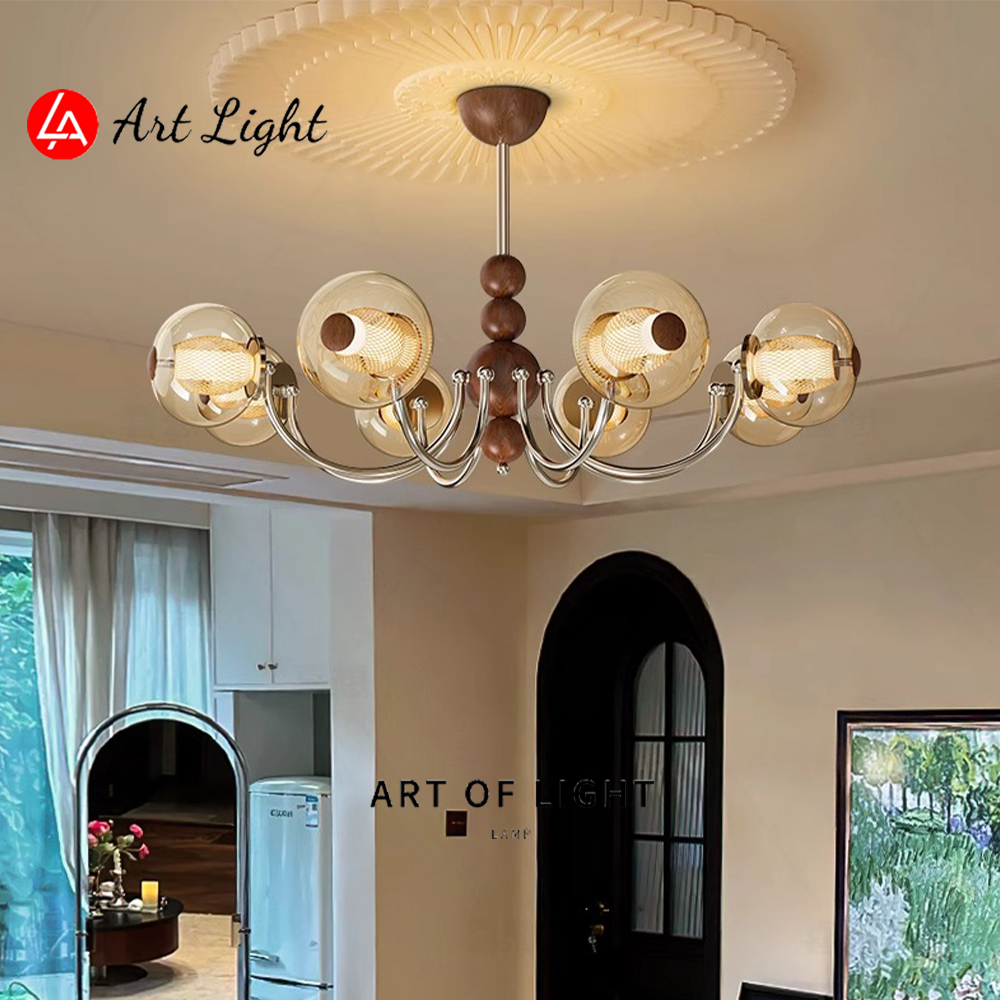 法式覆古客厅吊灯高级感中古胡桃木色房间灯设计师款新中式饭厅灯