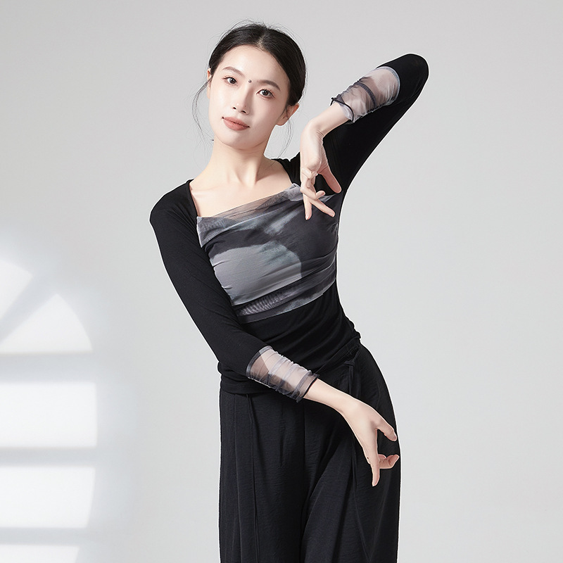 古典舞现代服装女中国风黑色水墨舞蹈服成人艺考演出服上衣练功服