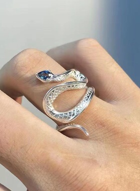 2024海蓝色托帕石灵蛇开口戒指创意小众设计高级感ins冷 淡风指环